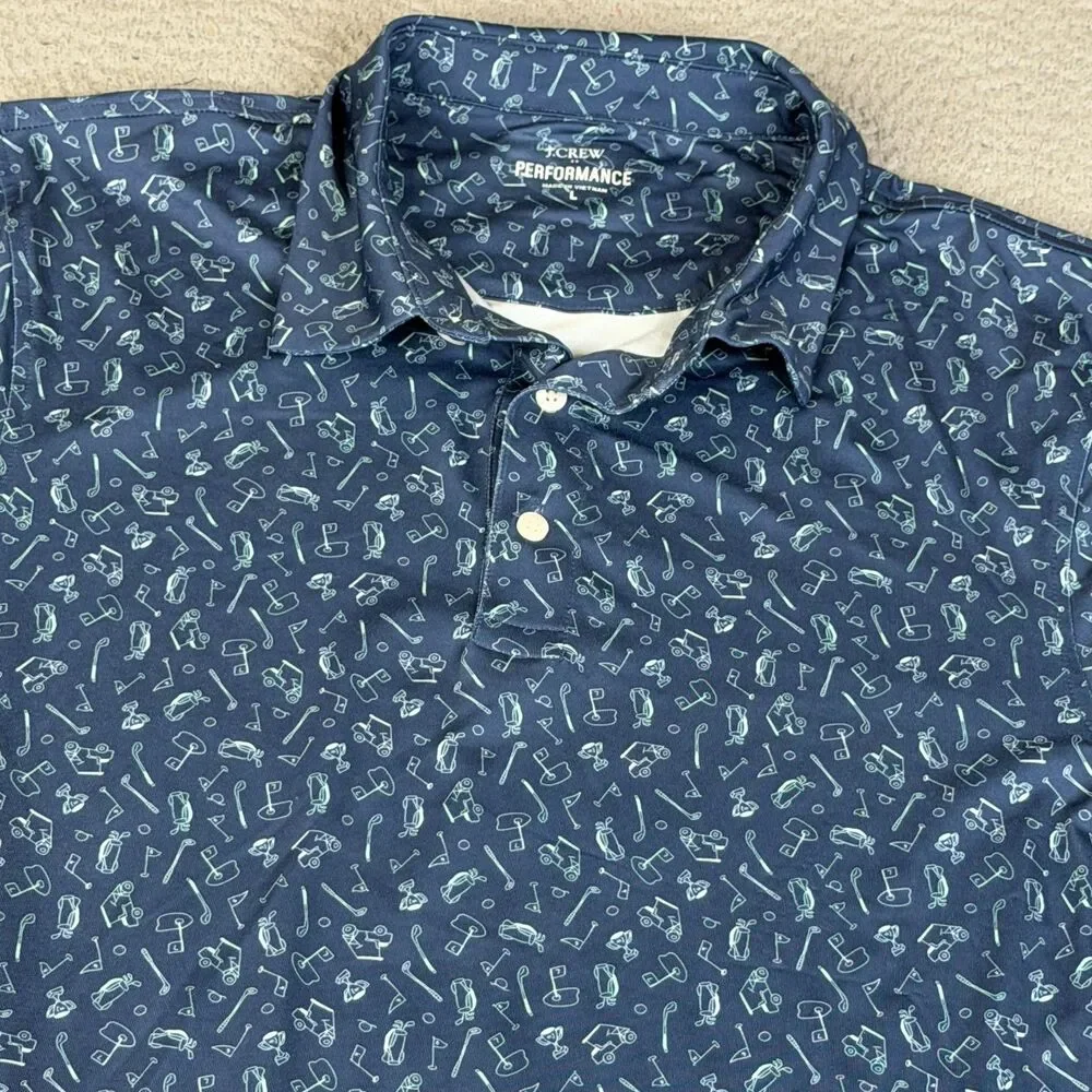 J. CREW Performance Polo Shirt Men L Blue All Over Golf Bag Tee Cart Trophy Club